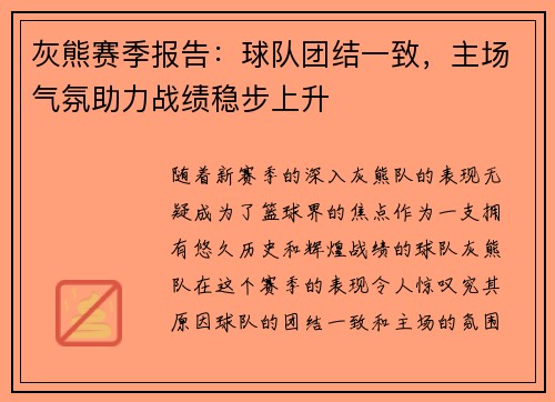 灰熊赛季报告：球队团结一致，主场气氛助力战绩稳步上升