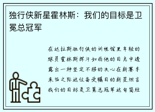 独行侠新星霍林斯：我们的目标是卫冕总冠军